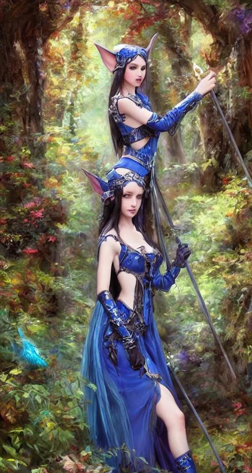 Image similar to Gothic elf princess in blue dragon armor on a misterious forest by Konstantin Razumov