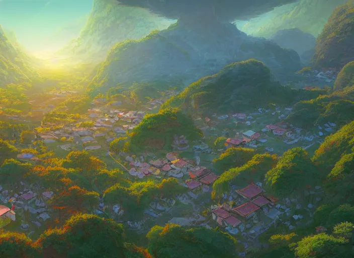 Image similar to concept art painting of a small woodland village in a valley seen from above, european japanese buildings, early morning, cel shaded, detailed, realistic, by makoto shinkai and moebius and anton fadeev and james gurney