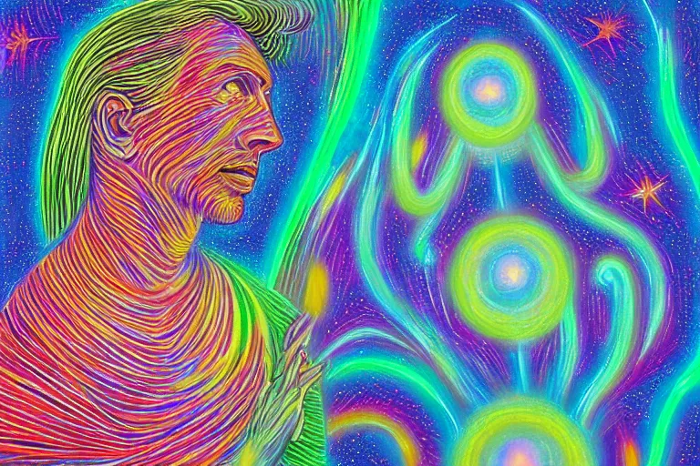 Prompt: digital art of a spiritual man looking up at the stars, glowing light, acrylic art, universe, painting, pastel colors, alex grey,