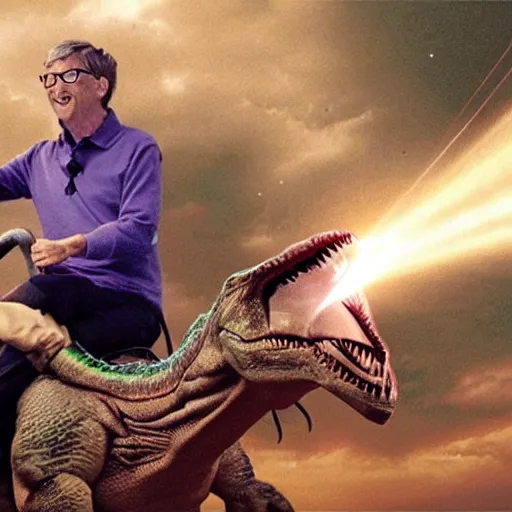 Prompt: bill gates riding a dinosaur while shooting lasers from his eyes