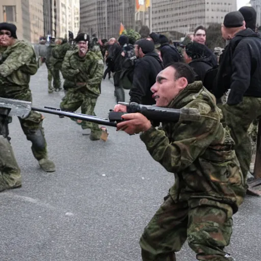 Prompt: a troll shooting at a group of united nation guards