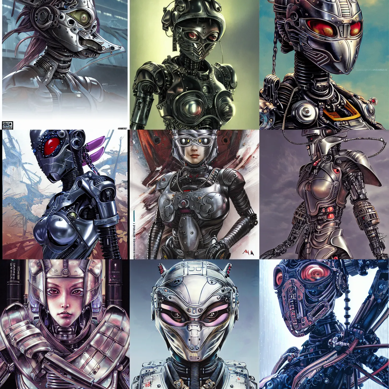 Prompt: portrait of a female robot ninja wearing mechanical armor, face is highly detailed, by ayami kojima, masamune shirow, josan gonzalez, yoshitaka amano, dan mumford, barclay shaw