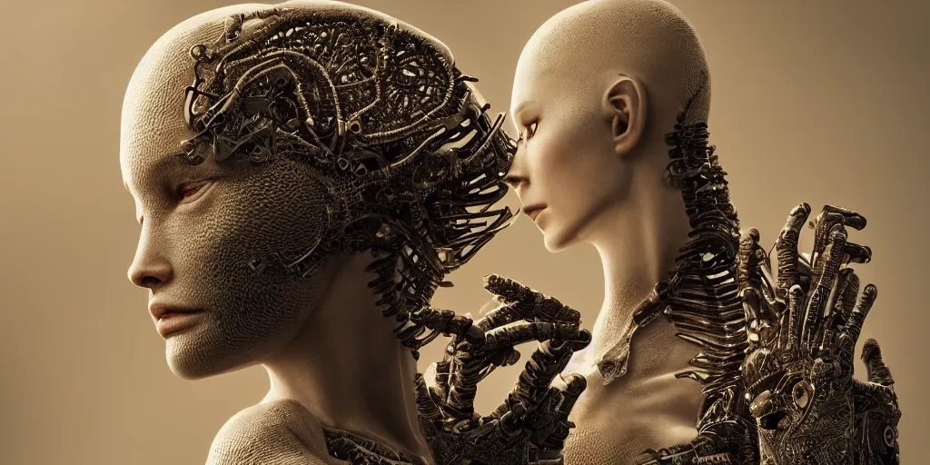 Prompt: hyper realistic photography of a stunningly cyborg female, intimate, holding close, in the style of beth cavener, jin kagetsu,, and wlop, highly detailed, intricate filigree, chrome face symmetry, masterpiece, award - winning, sharp focus, concept art, high key, ambient lighting, 8 k, octane render,