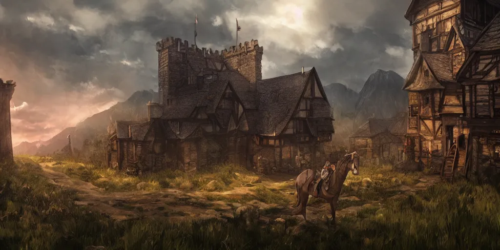 Prompt: Geralt of Rivia, Witcher 3, game art, concept art, village, castle, horse,