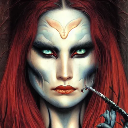 Prompt: beautiful face of woman warrior styled by Gerald Brom