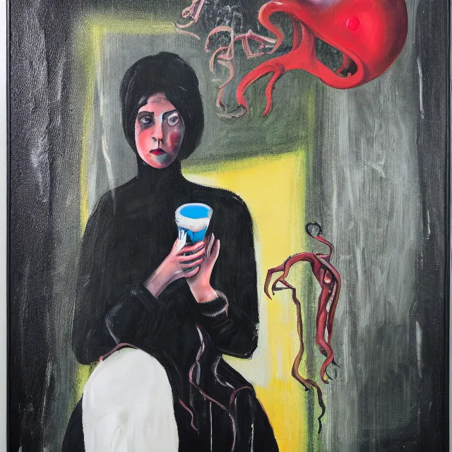 Image similar to a portrait in a dark apartment, a widow holding an octopus, milk, berries, broken bottles, metaphysical, neo - expressionism, surrealism, acrylic and spray paint and oilstick on canvas