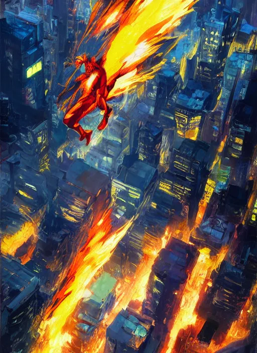 Image similar to anime key visual concept art of marvel human torch, flying above new york city background, by ashley wood, yoji shinkawa, jamie hewlett, 6 0's french movie poster, french impressionism, vivid colors, palette knife and brush strokes, style of makoto shinkai and greg rutkowski, fish eye lens