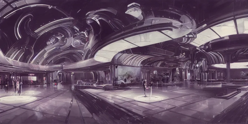 Image similar to a futuristic museum interior in gothic style with holograms all over, syd mead cinematic painting, 4 k