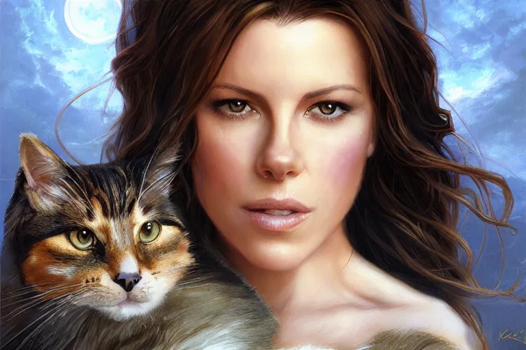 Image similar to portrait of kate beckinsale holding a cat, an oil painting by ross tran and thomas kincade