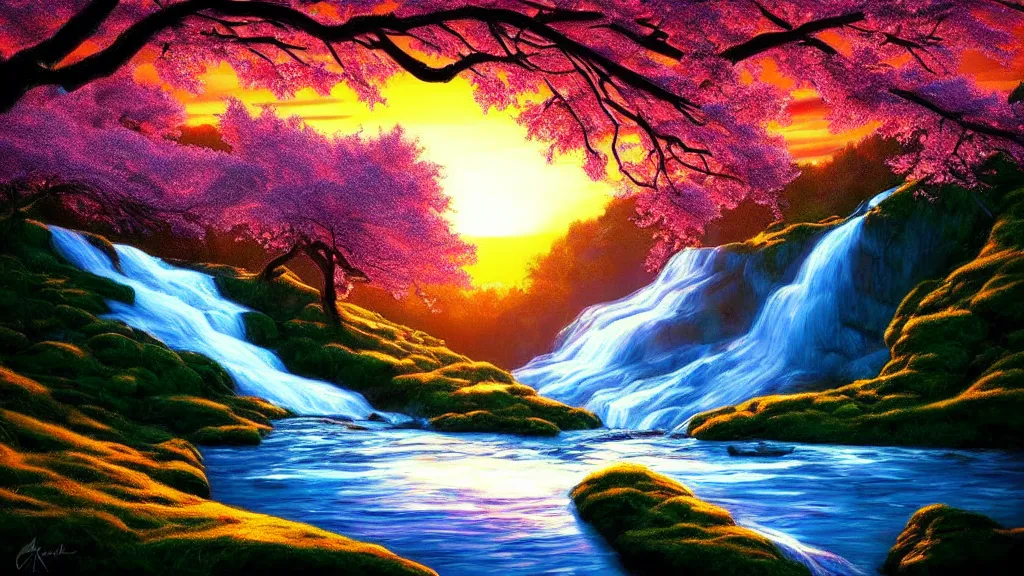 Image similar to featured on artstation cherry tree overlooking valley waterfall sunset beautiful image stylized digital art