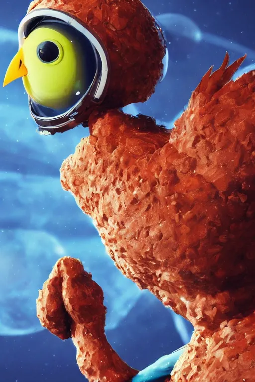 Image similar to a lonely chicken wearing a space suit without helmet in a alien planet, profile picture, digital art, concept art, trending on DeviantArt, highly detailed, high quality, 4K, cartoon, high coherence, path traced, blue sky in the background, octane render, digital painting, no helmet, masterpiece, anatomically correct, hyperrealistic