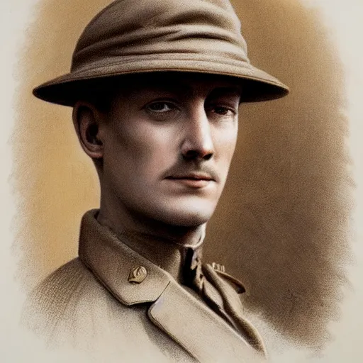 Image similar to a detailed photorealistic sepia - toned color portrait painting of a 1 9 1 7 worried clean - shaven british lieutenant in detailed field gear wearing a finely - detailed pith helmet in wadi rum, ultra realistic, intricate details, lovecraft, atmospheric, dark, horror, brooding, highly detailed, by clyde caldwell