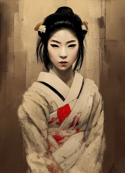 Prompt: female geisha girl, beautiful face, rule of thirds, intricate outfit, spotlight, by greg rutkowski, by jeremy mann