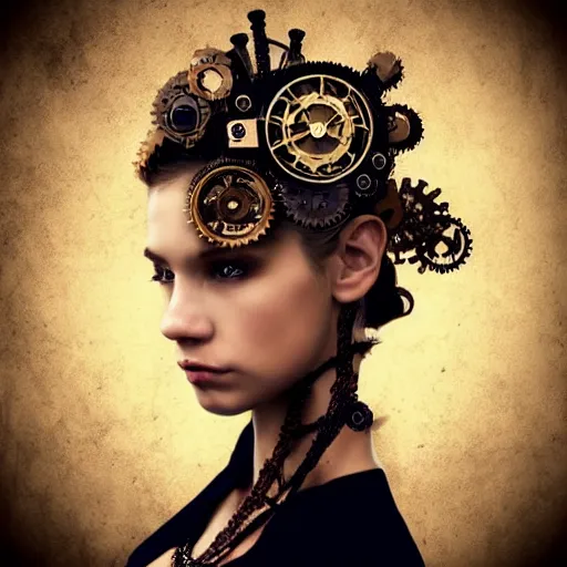 Image similar to beautiful half human half steampunk cyborg portrait, steampunk, extremely detailed, lush, gears, pretty, cinematic lighting, epic, intense, long hair, brown eyes, cool,