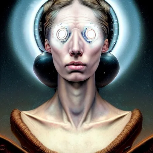 Image similar to Colour Caravaggio style Photography of Beautiful woman with highly detailed 1000 years old face wearing higly detailed sci-fi halo above head designed by Josan Gonzalez. Woman wearing hyperrealistic sci-fi dress , Many details . In style of Josan Gonzalez and Mike Winkelmann andgreg rutkowski and alphonse muchaand and Caspar David Friedrich and Stephen Hickman and James Gurney and Hiromasa Ogura. volumetric natural light