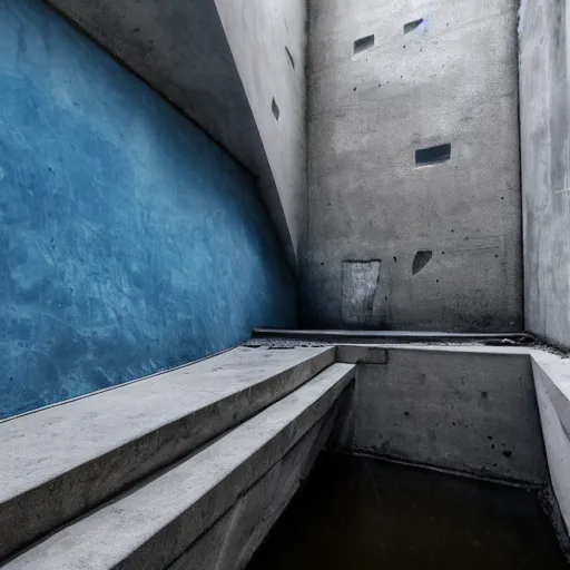 Image similar to dingy abandoned concrete room, triangular room, blue pool tiles, liminal space, museum, concrete staircase leading down, staircase flooded with water to create a moon pool, Photograph, found footage, dark, dingy.