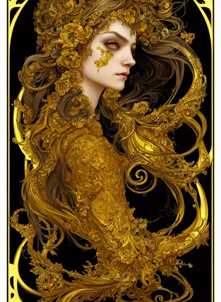 Image similar to beautiful black yellow, complicated gold the baroque style decoration, dark fantasy, intricate, elegant, highly detailed, digital painting, artstation, concept art, matte, 3 d 8 k octane rendered, sharp focus, illustration, octane rendered, art by artgerm and alphonse mucha, leesha hannigan, ross tran