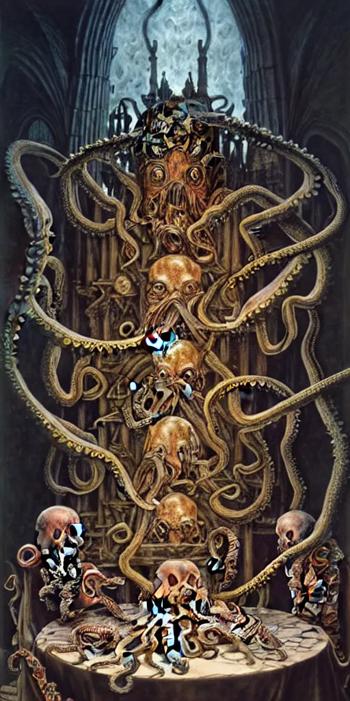 Image similar to mages with human bodies and magical armour with octopus heads sitting near the table in an ancient mage castle with enormous scale, gothic and baroque, brutalist architecture, ultradetailed, Intricate by John Howe and Josan Gonzalez and Giuseppe Arcimboldo