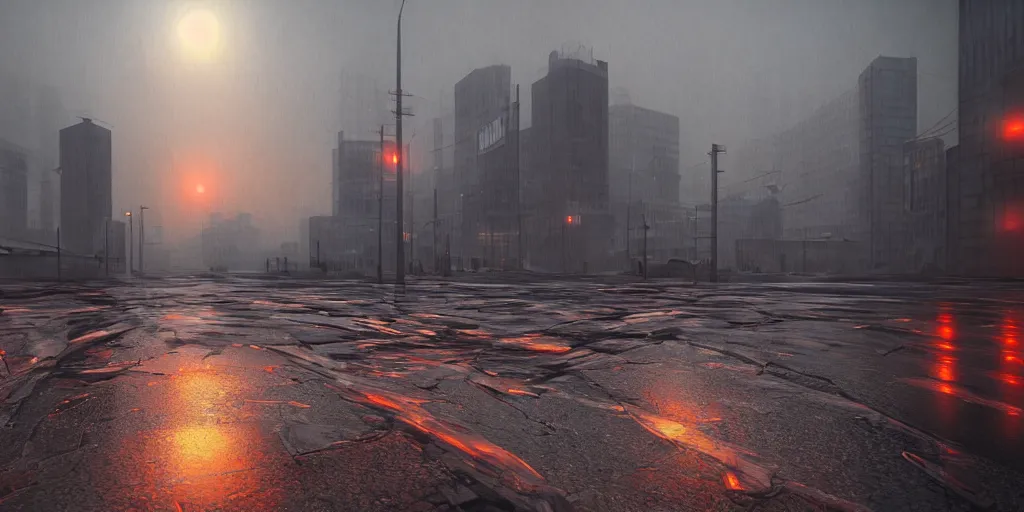 Prompt: soviet brutalims japan city view by eddie mendoza and greg rutkowsi, orange glow, puddles of water, sunset, trees, foggy, dark, moody, volumetric lighting, dirty