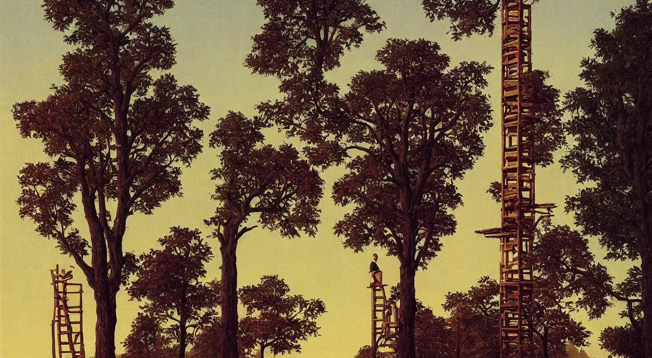 Image similar to single flooded simple wooden tree tower!, very coherent and colorful high contrast!! masterpiece by rene magritte simon stalenhag carl spitzweg syd mead norman rockwell edward hopper james gilleard, minimalist, dark shadows, sunny day, hard lighting