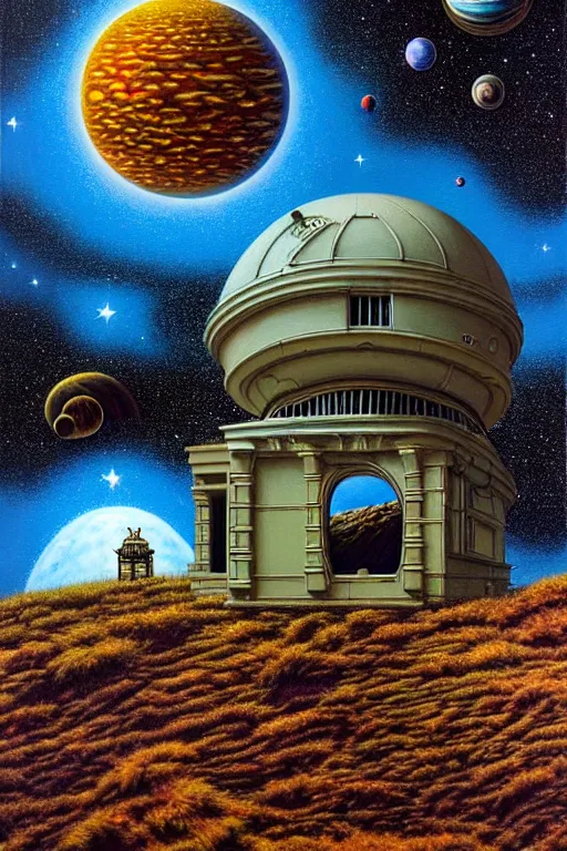 Prompt: a hyperrealistic painting of an ornate observatory resting on the cliff of an alien terrain, telescope pointing towards space galaxies and stars by chris cunningham and richard corben, highly detailed, vivid color,