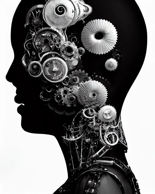 Image similar to black and white dreamy foggy smoky profile face portrait, one silver steampunk realistic eye biomechanical beautiful young female cyclope - cyborg - robot bust, body ribs meshes,, volumetric light, hibiscus flowers, by hg giger, rim light, big gothic fashion pearl embroidered collar, 8 k