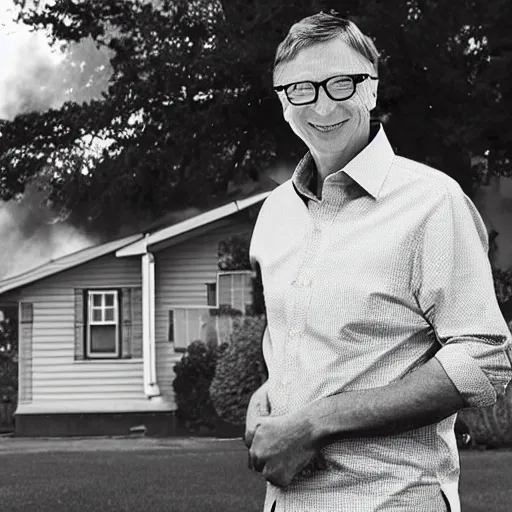 Prompt: a photo of a house burning down in the background with emergency vehicles nearby and bill gates with an eerie smile in the foreground, strong depth of field