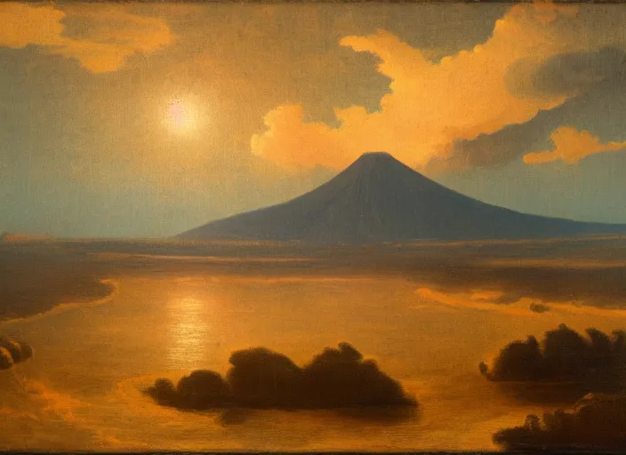 Image similar to a young earth, filled with volcanos, lava, glowing sky and a very thin atmosphere. water is just starting to form. in the style of hudson river school of art, oil on canvas