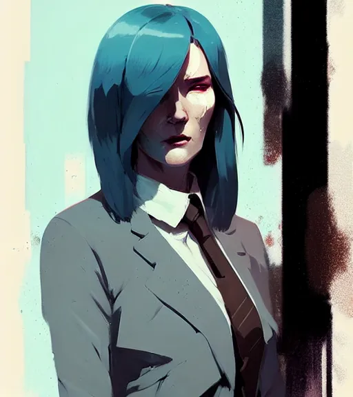 Image similar to portrait of a female john wick by atey ghailan, by greg rutkowski, by greg tocchini, by james gilleard, by joe fenton, by kaethe butcher, dynamic lighting, gradient light blue, brown, blonde cream and white color scheme, grunge aesthetic