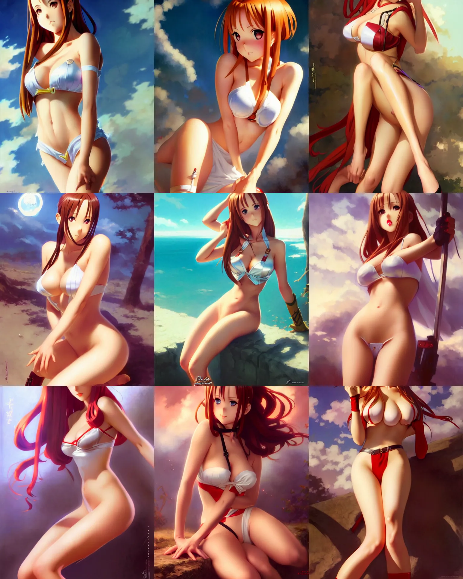 Prompt: pinup photo of asuna from sao, hot asuna by, by greg rutkowski, gil elvgren, glossy skin, pearlescent, anime, maxim magazine,