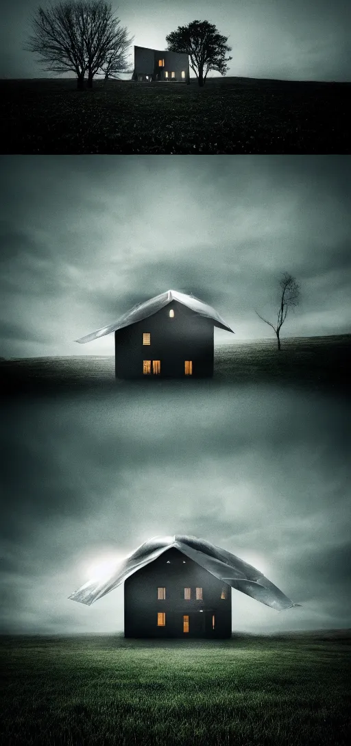 Prompt: a house wrapped in foil in a middle of a field cinematic dark photography detailed creepy