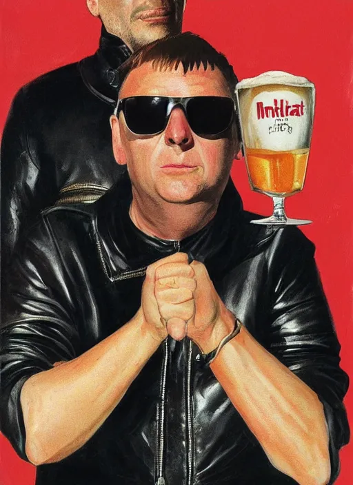 Image similar to head and shoulders portrait of shaun ryder in a leather spacesuit drinking moretti birra friulana in the sun , by normal rockwell