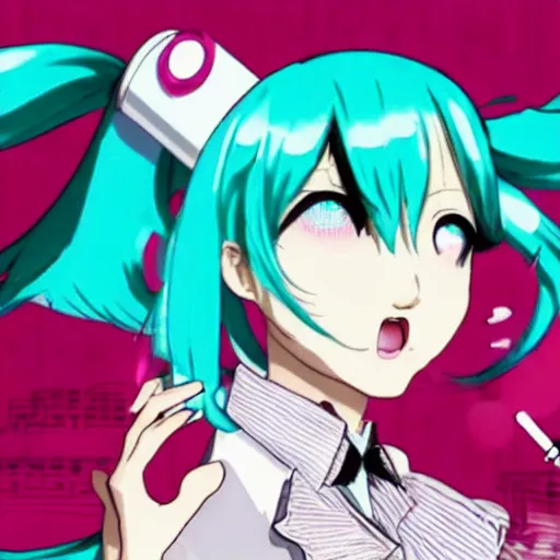 Image similar to hatsune miku being high with bloodshot eyes smoking weed with a vape pen. a room full of smoke