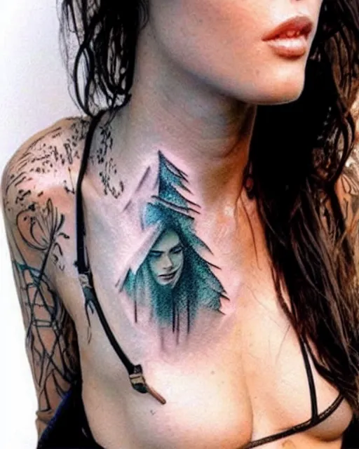 Image similar to creative double exposure effect tattoo design sketch of megan fox faded in beautiful mountain scenery, realism tattoo, in the style of matteo pasqualin, amazing detail, sharp