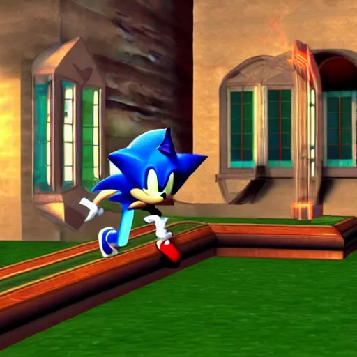 Image similar to sonic the hedgehog in a haunted mansion in a screenshot of sonic adventure 2 on the dreamcast