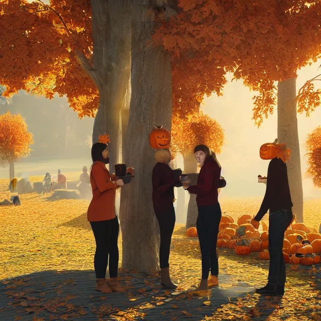 Image similar to pumpkin headed people ordering coffee at a coffee stand, maple trees with fall foliage, volumetric, realistic, cinematic lighting, ray tracing, unreal engine 5, octane render, hyper realistic, photo, 8 k