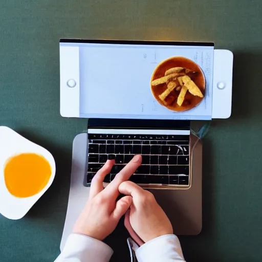 Prompt: an ultra high definition birds eye view photograph of a man typing on fried eggs