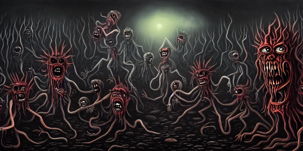 Prompt: repressed emotion creatures and monsters at the mouth of hell, attempting to escape and start a revolution, in a dark surreal painting by ronny khalil