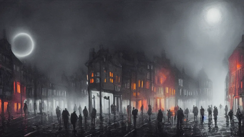 Image similar to a black hole with glowing edges over old town with houses in the windows of which the light is on and a crowd of people on street. early morning, fog on ground, wet street. mike barr painting. volumetric light, dull colors, dark, noir arthouse, 3 5 mm, hight detalied, hd, 4 k