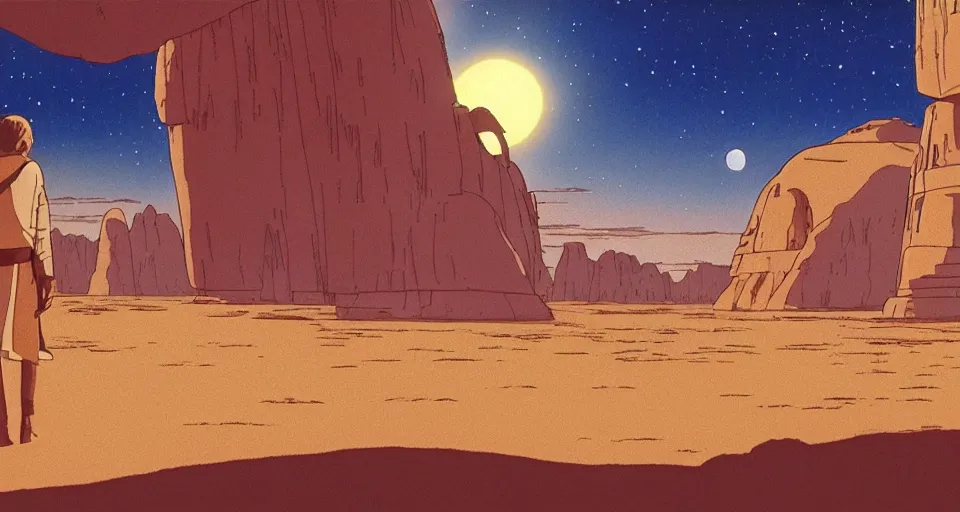 Prompt: beautiful wide shot tatooine landscape obi wan kenobi,Luke skywalker, Star Wars a new hope 1977, studio ghibli, Miyazaki, studio ghibli, Jean girard, Moebius , animation, golden hour, highly detailed, 70mm