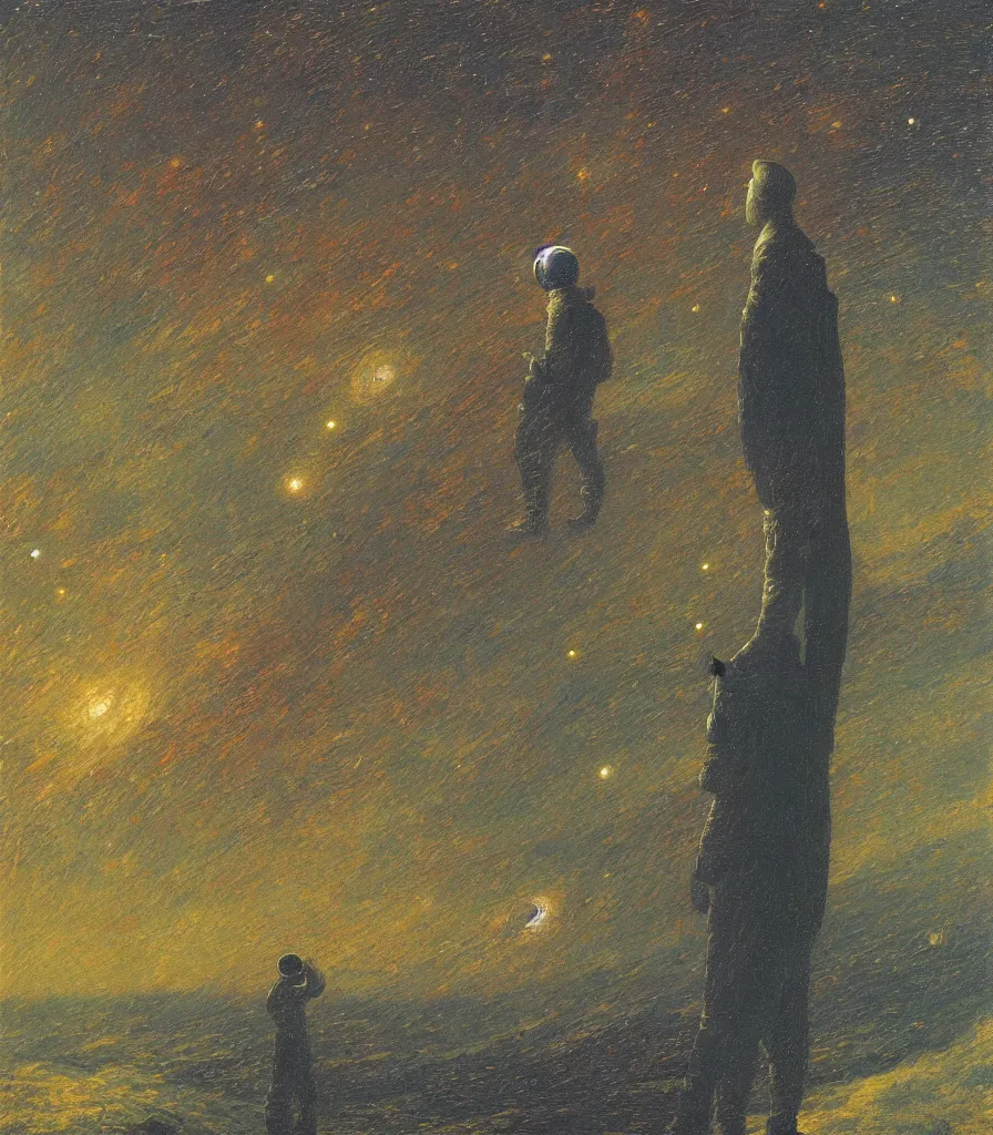 Prompt: an impasto oil painting of an astronaut gazing into a the universe painted by caspar david friedrich, galaxy, impressionism