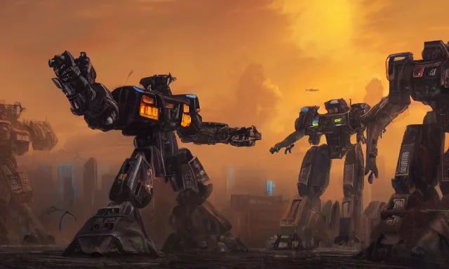 Image similar to Mechs defending the city at sunset, photorealistic, hyperrealistic, digital illustrations, sci-fi illustrations, mechwarrior, battletech, highly detailed, intricate, award-winning, mecha, gritty, beautiful colors, hdr, rendered in Octane, rendered in Unreal engine, 4k, ultra hd