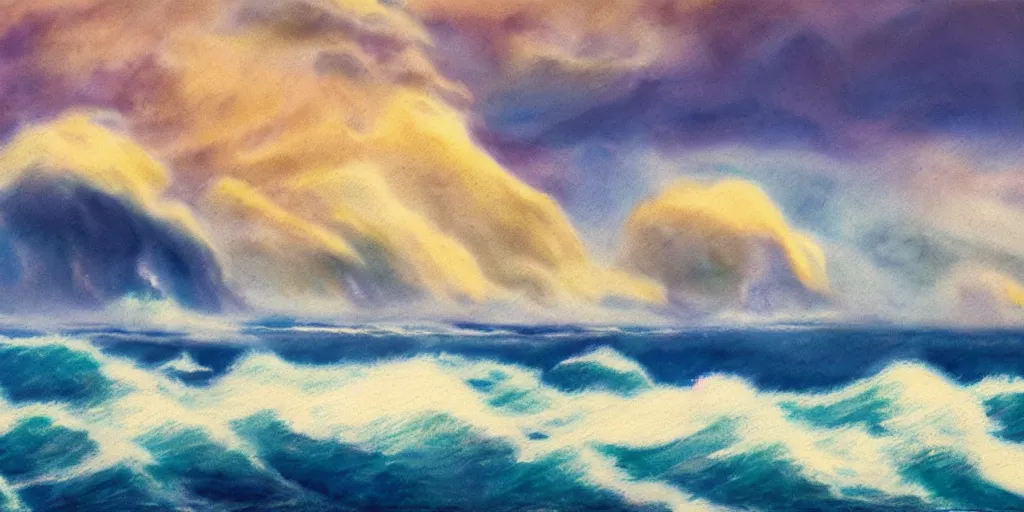 Image similar to a beautiful painting of iceland, storm clouds gathering over the sea, by studio ghibli 8 k pastel colours, smeared watercolours, golden light film grain