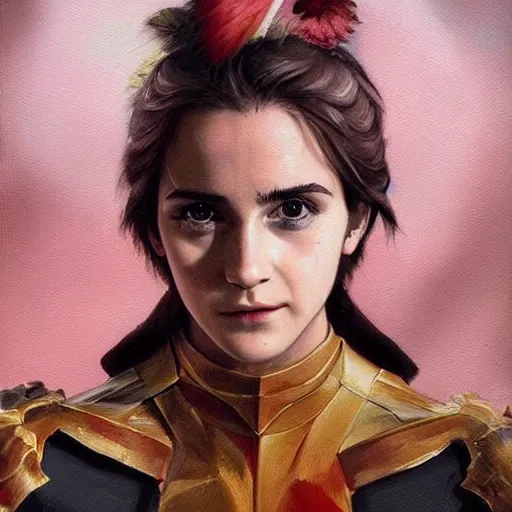 Image similar to a realistic painting by Raffaello Sanzi depicting the Kamen Rider Ichigo fused with Emma Watson in the Renaissance,smooth,Sharp focus,high detailed,high resolution,fine art, trending on Artstation.