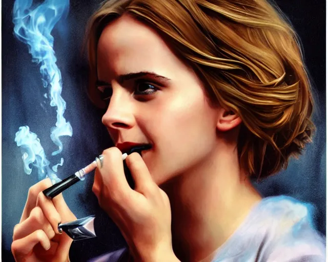 Image similar to emma watson as sherlock biting a cigarette pipe, airbrush art, drew struzan illustration art, key art, movie poster