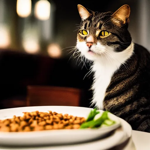 Image similar to A photo of a cat wearing a suit sitting in a fancy and expensive gourmet restaurant and eating a plate of cat food. f/2.8, dim lighting, award winning photo