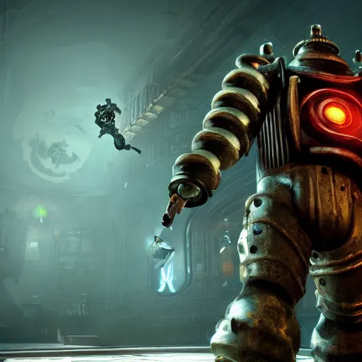 Image similar to isaac clarke as a bioshock big daddy, unreal engine 5, bioshock deadspace, high detail 3 d render,