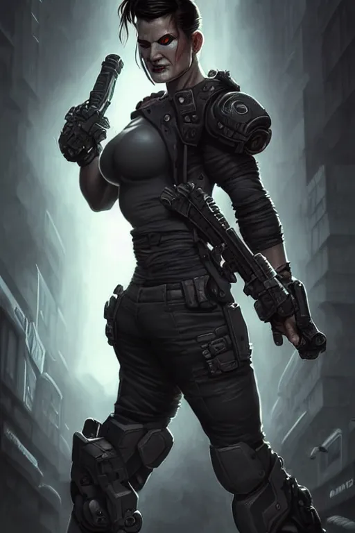 Image similar to gina carano as a shadowrun ork with prothesis grey metallic left arm, casual black clothing, muscular, realistic proportions, casual pose, large portrait, sci - fi, rpg character, digital painting, artstation, concept art, smooth, 8 k frostbite 3 engine, ultra detailed, art by artgerm and greg rutkowski and magali villeneuve