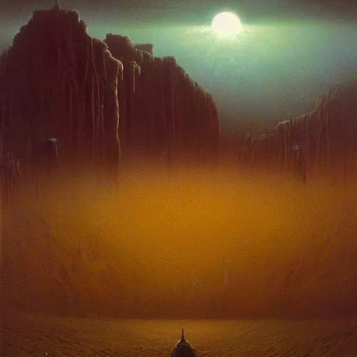 Prompt: a fantasy landscape paintet by beksinski. oil painting. lovecraft. moody. godrays. volumetric light. trending on artstation.