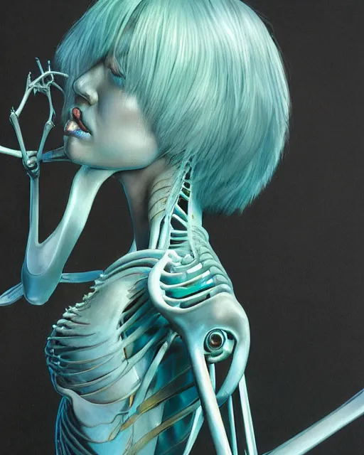 Prompt: rei ayanami by roger dean, by hr giger, biomechanical, profile portrait, hyper detailed, hyperrealism, deviantart, artstation, 4 k, highly detailed, vray rendering, unreal engine